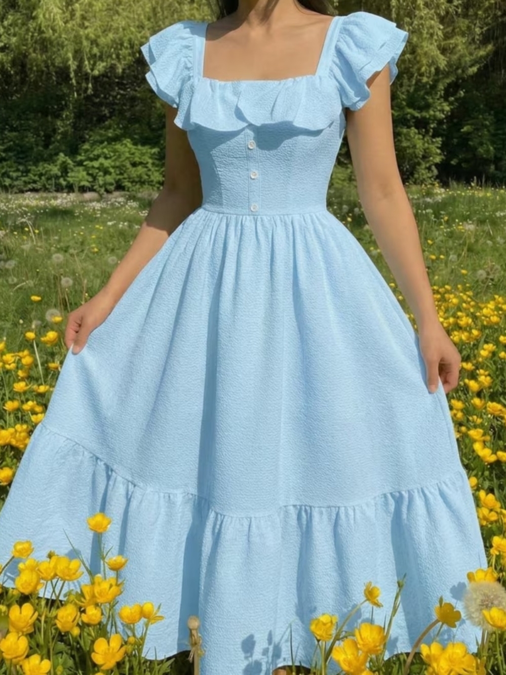Light Blue Ruffled Peasant Dress Square-Neck Midi Dress Cottagecore